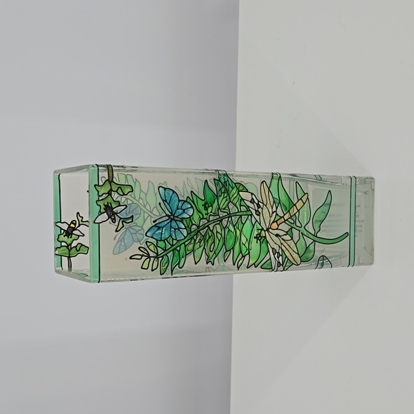 Joan Baker Designs Handpainted Glass Art Vase Green Butterfly Insect Details - Picture 6 of 14